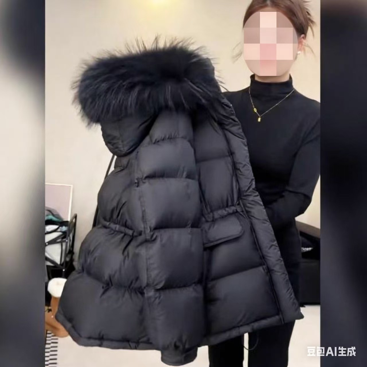 黑色大毛领羽绒棉服女2026冬季爆款韩版宽松显瘦收腰流行加厚外套