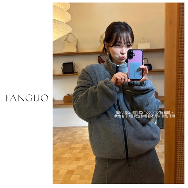韩国smoothmo*d！保暖摇粒绒双拉链复古外套休闲刺绣卫衣女B1584