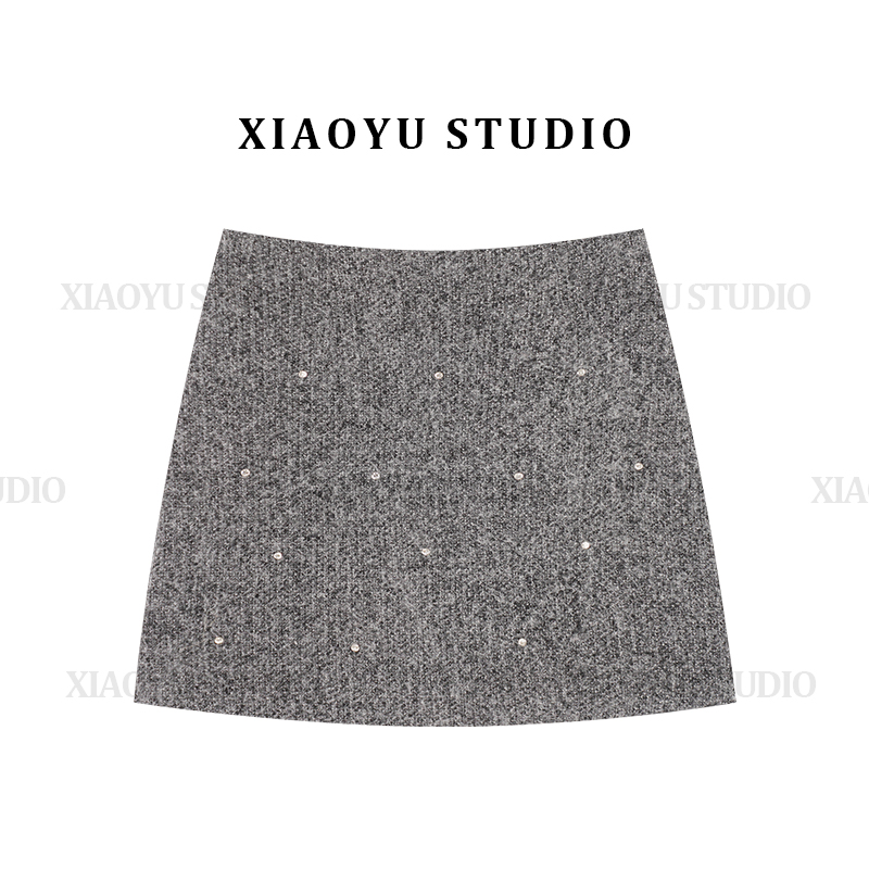 新韩版高级气质羊毛呢钻钻年会短裙高腰显瘦A字半身裙KI-1006