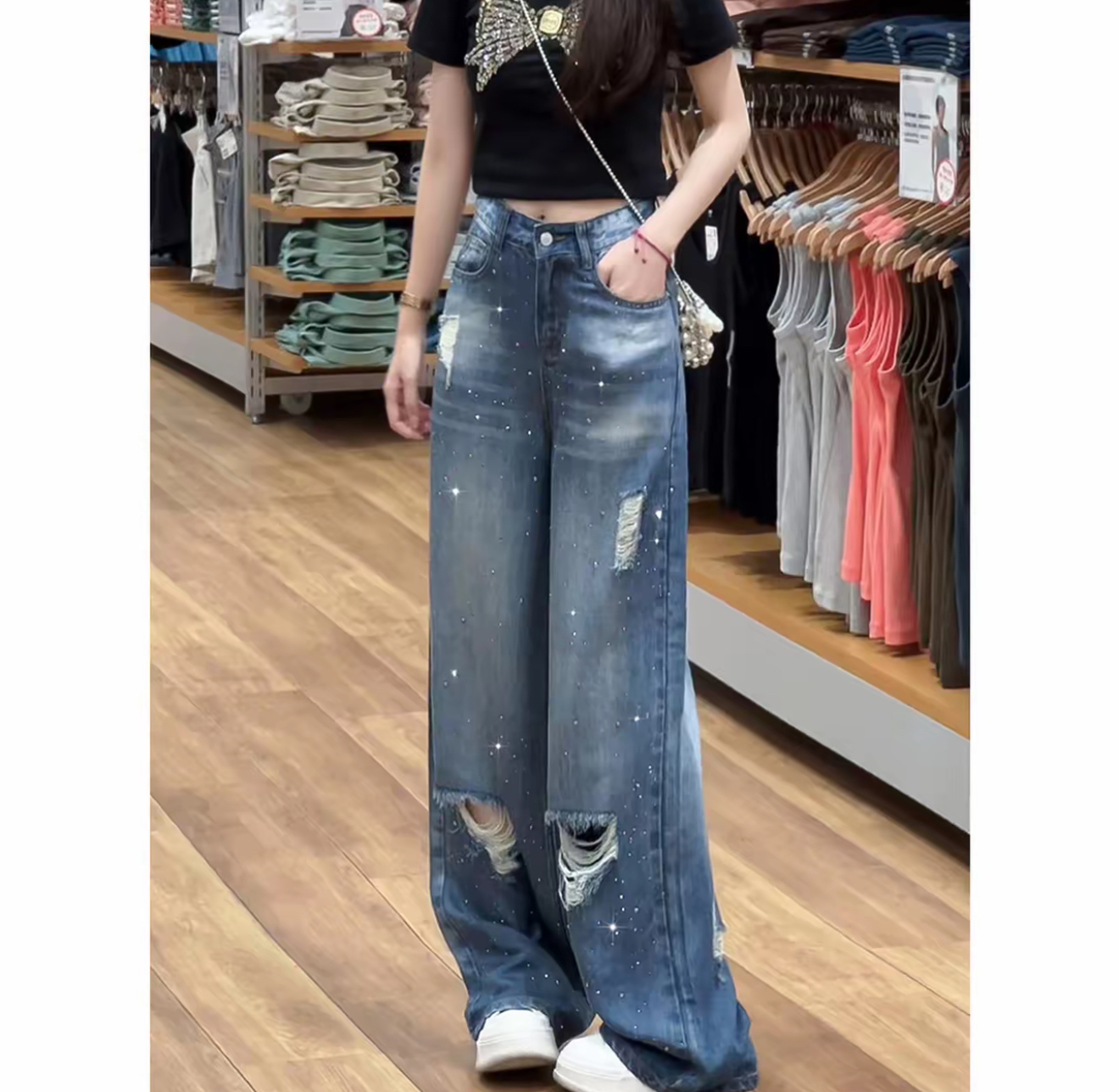 破洞烫钻牛仔裤女2025夏季新款小众显瘦直筒百搭阔腿长裤251061