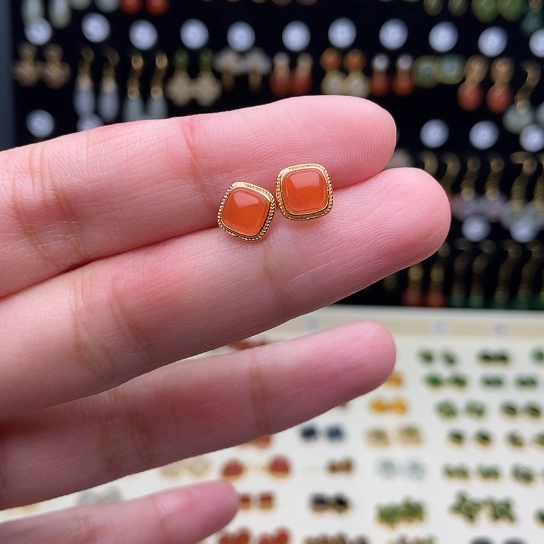 和田玉银S925镀金镶嵌耳饰