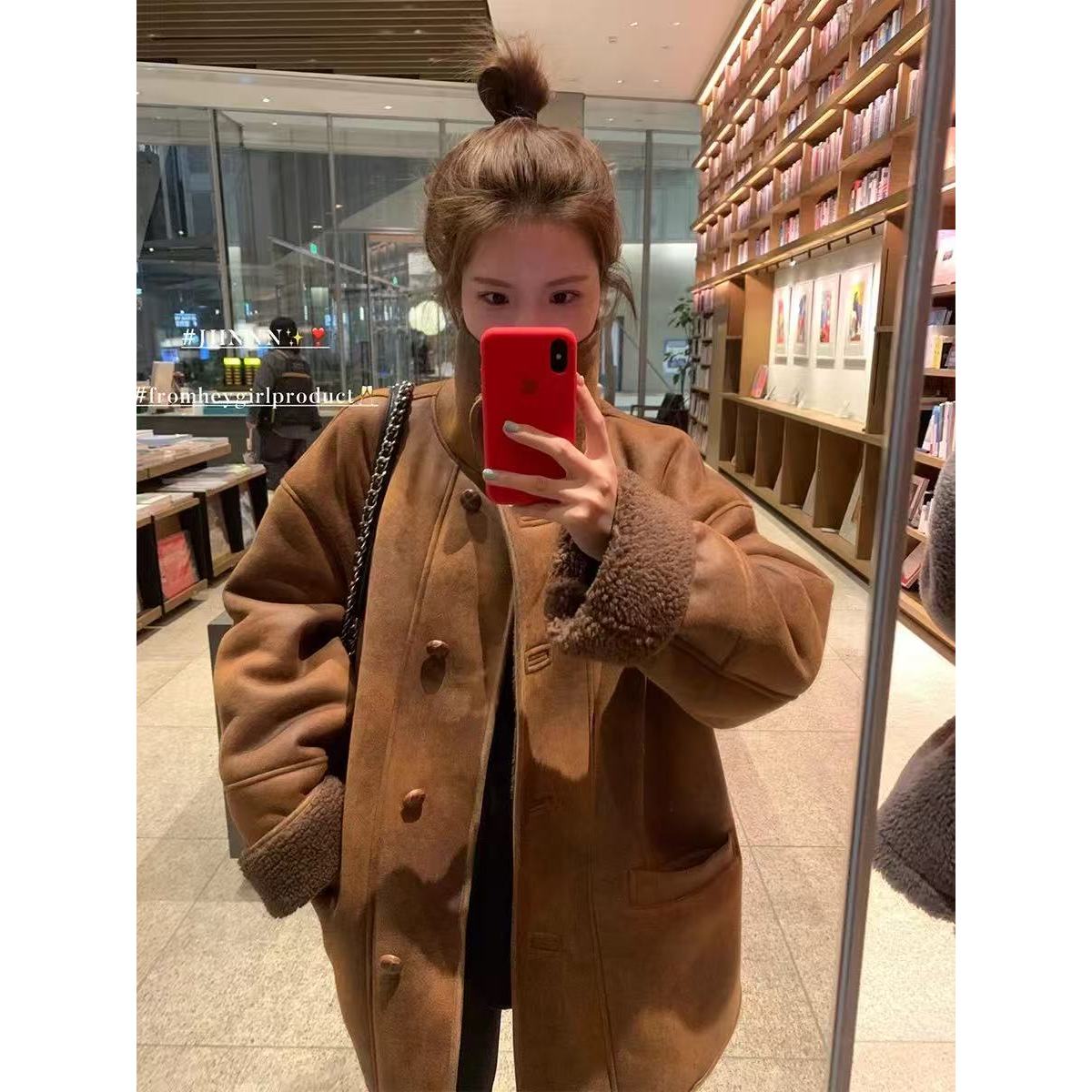 美拉德复古宽松厚款上衣ZX9979冬季皮毛一体时尚百搭外套女