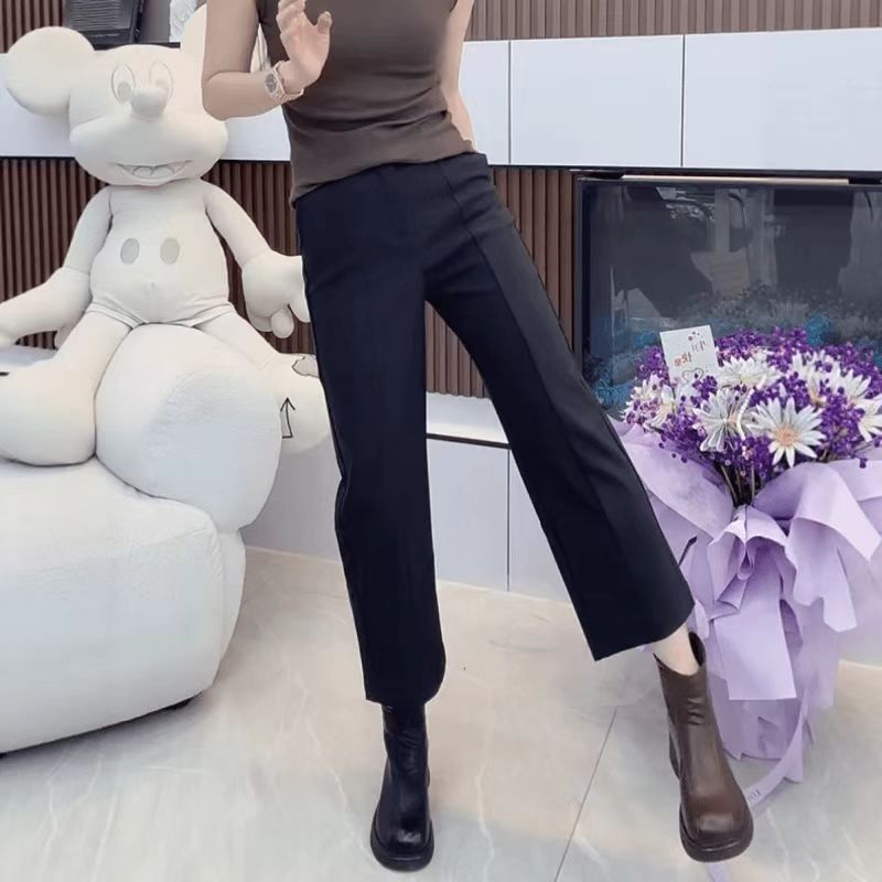 秋季新款高腰显瘦八分阔腿裤子大码洋气弹力显瘦直筒休闲裤女