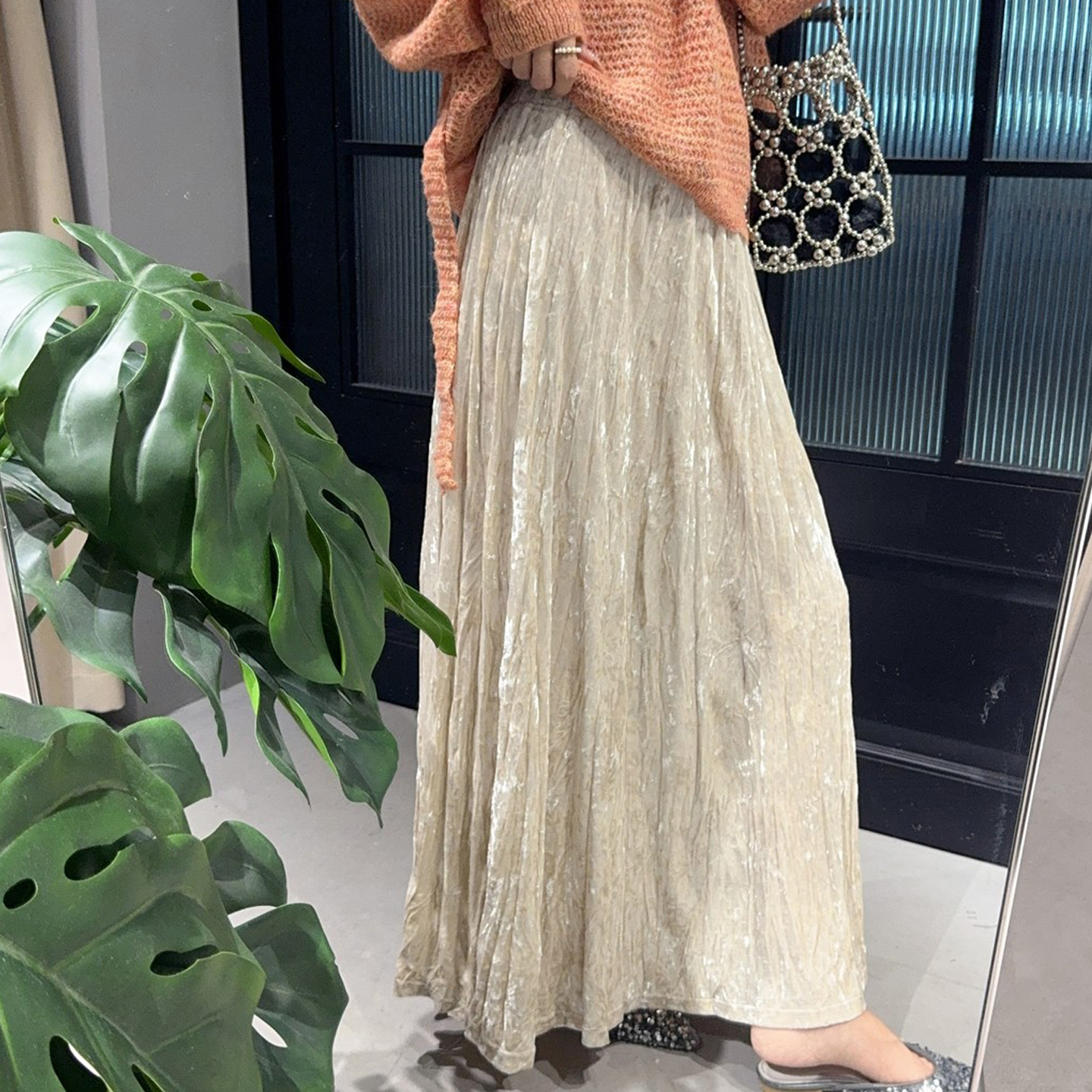 复古乱皱百褶肌理金丝绒半身裙女秋冬中长款显瘦大摆a字褶皱伞裙