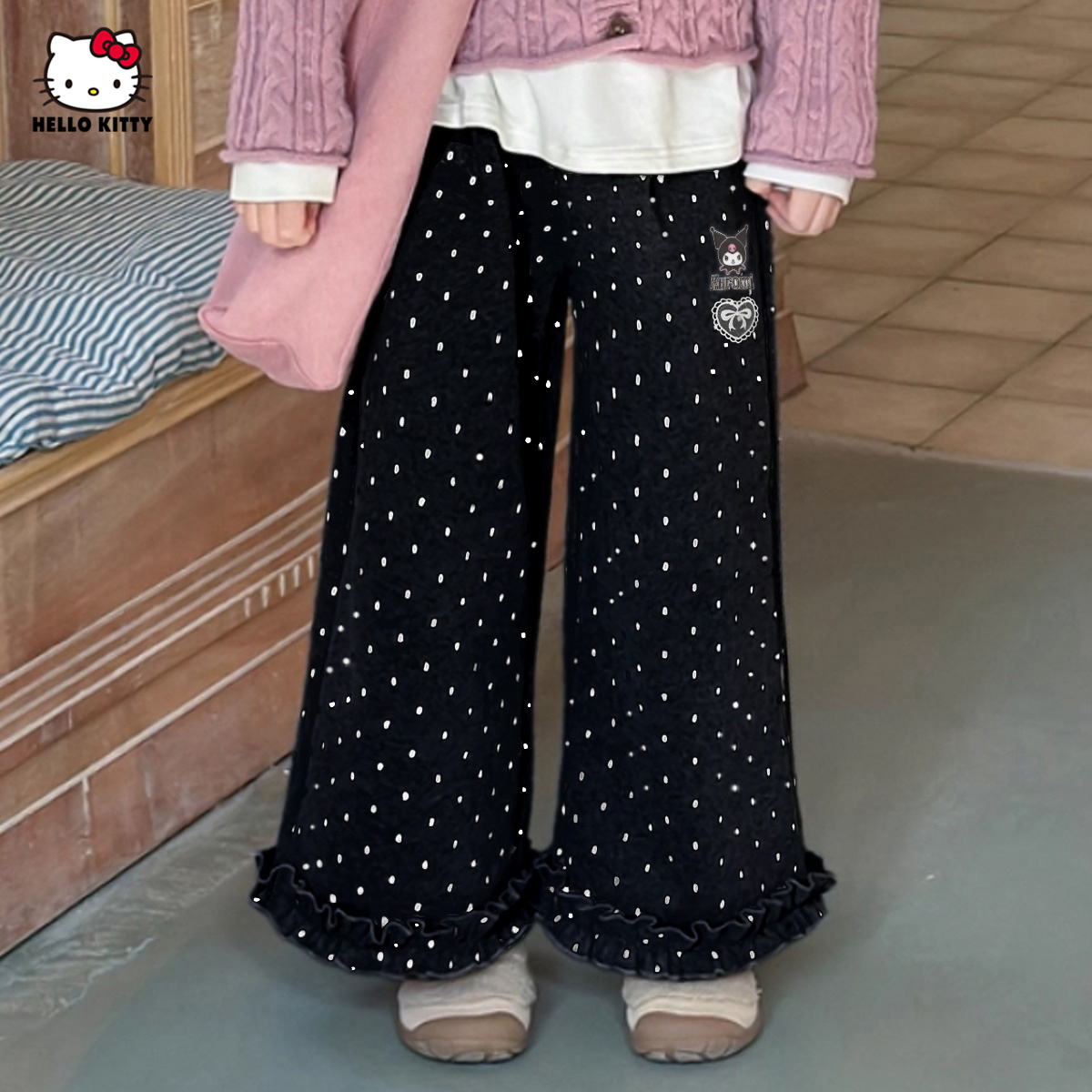 女童秋季阔腿裤2025新款中大童装卡通花边脚口洋气女宝休闲裤