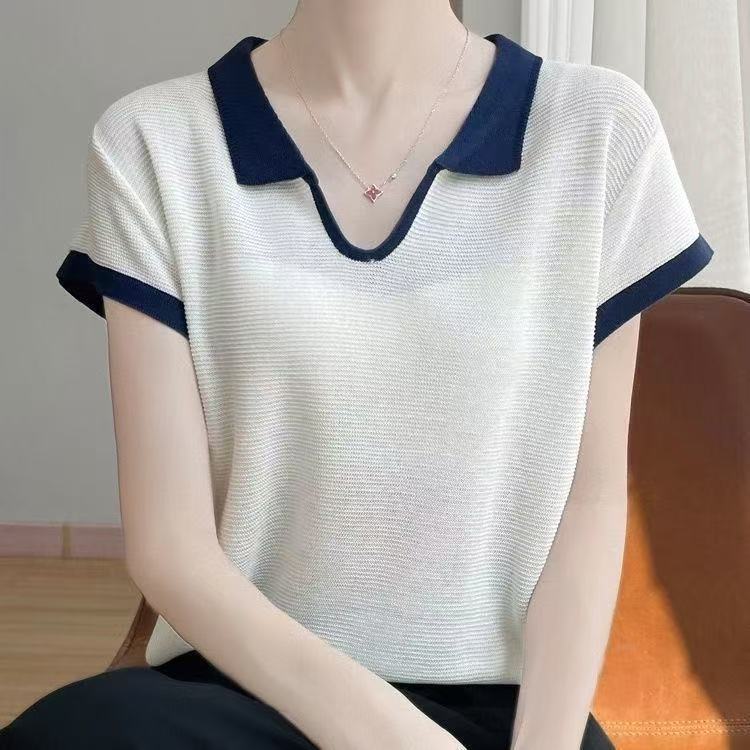 M1359白撞色翻领静奢风针织短袖