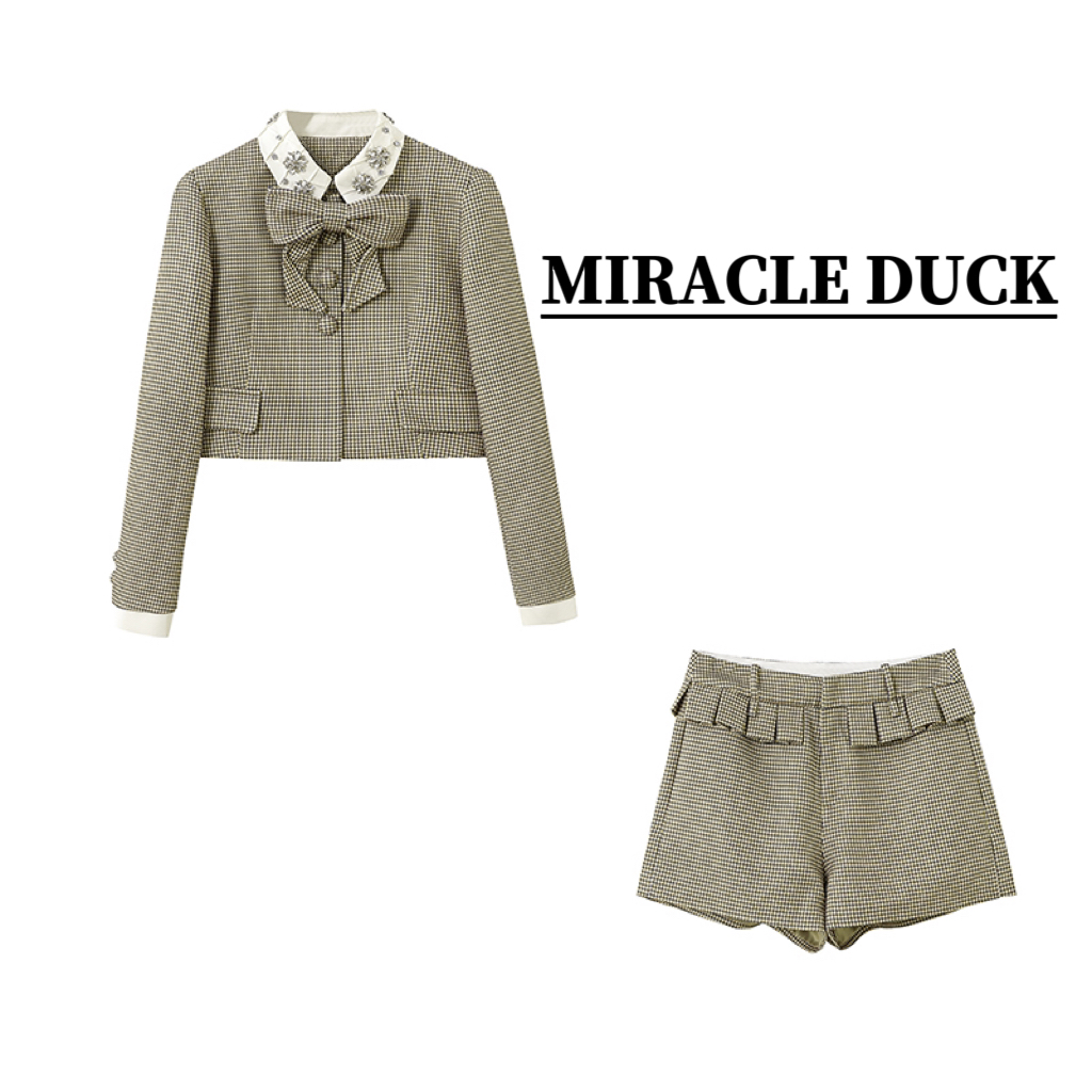 6号【格温情书】春秋冬法式气质钉珠拼接格子外套短裤套装C1804