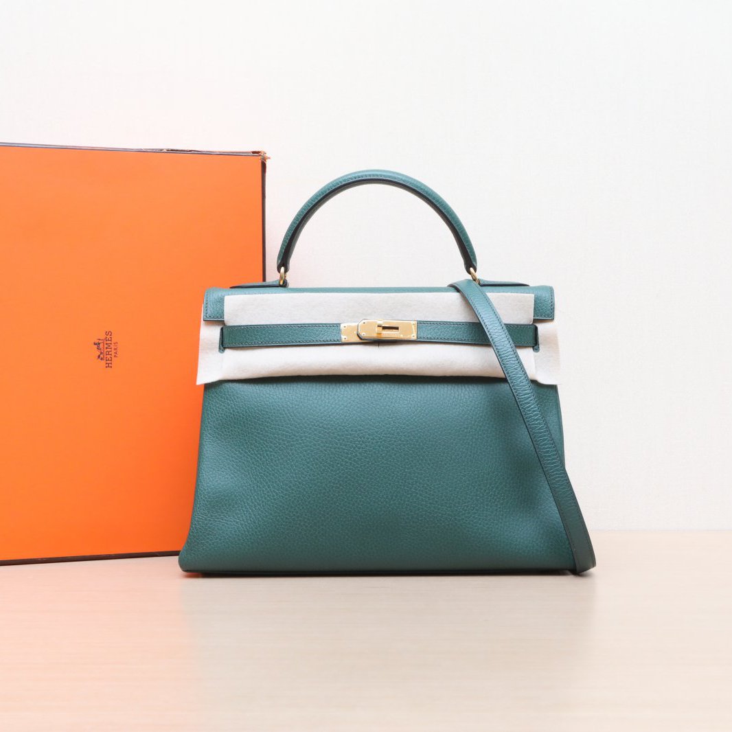 95新 Hermes/爱马仕 小花6花Kelly 32 翡翠绿阿登皮 框C刻 金扣包