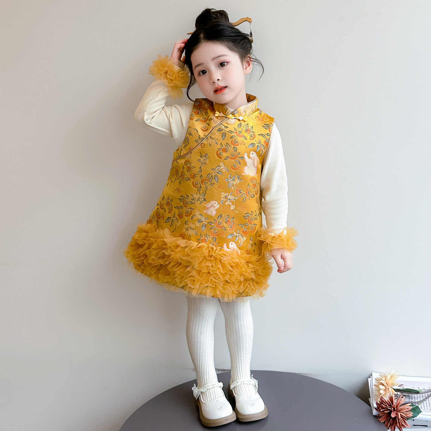 女童旗袍裙秋冬裙子儿童唐装拜年服宝宝背心裙新年国风公主裙礼服