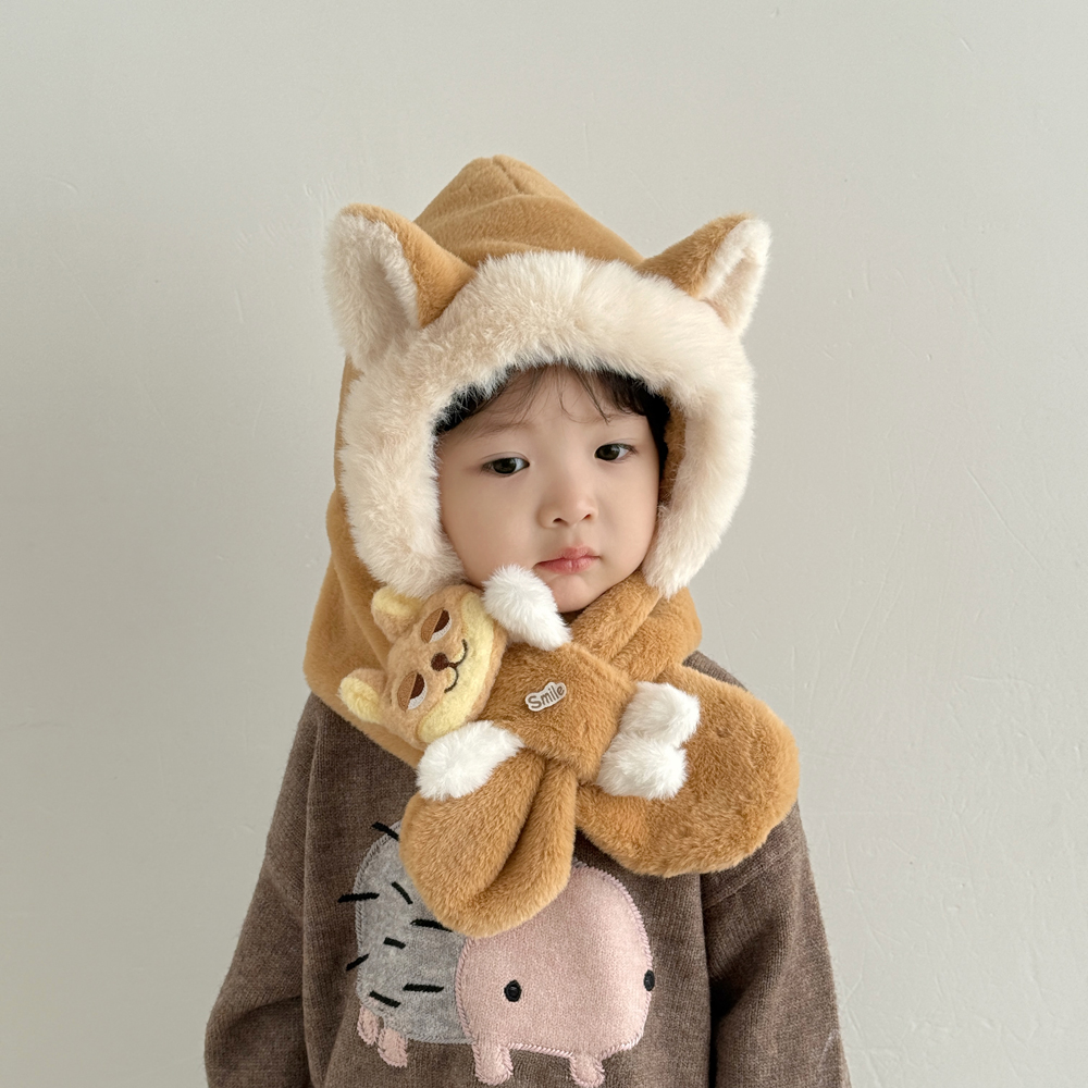 儿童冬季保暖护耳帽男宝女宝小孩加绒厚帽子围脖一体帽可爱套头帽