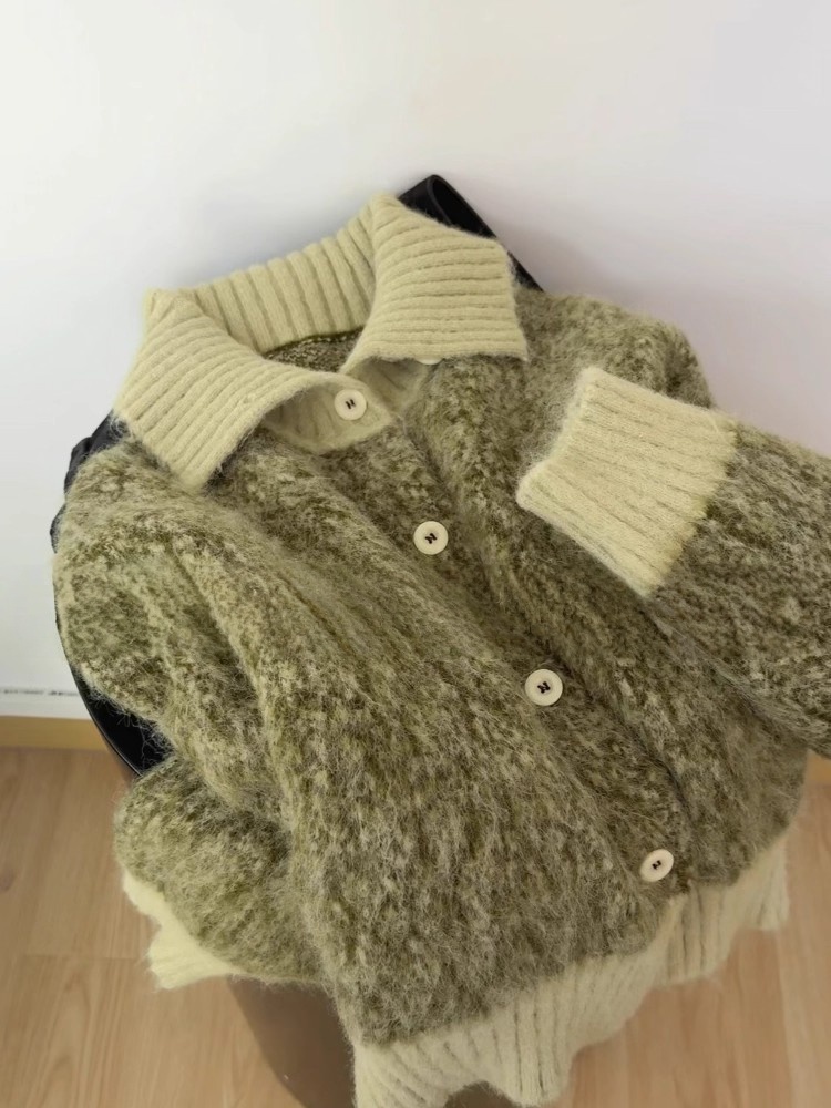 小清新绿色翻领毛衣开衫外套女2025秋冬季新款宽松显瘦加厚针织衫