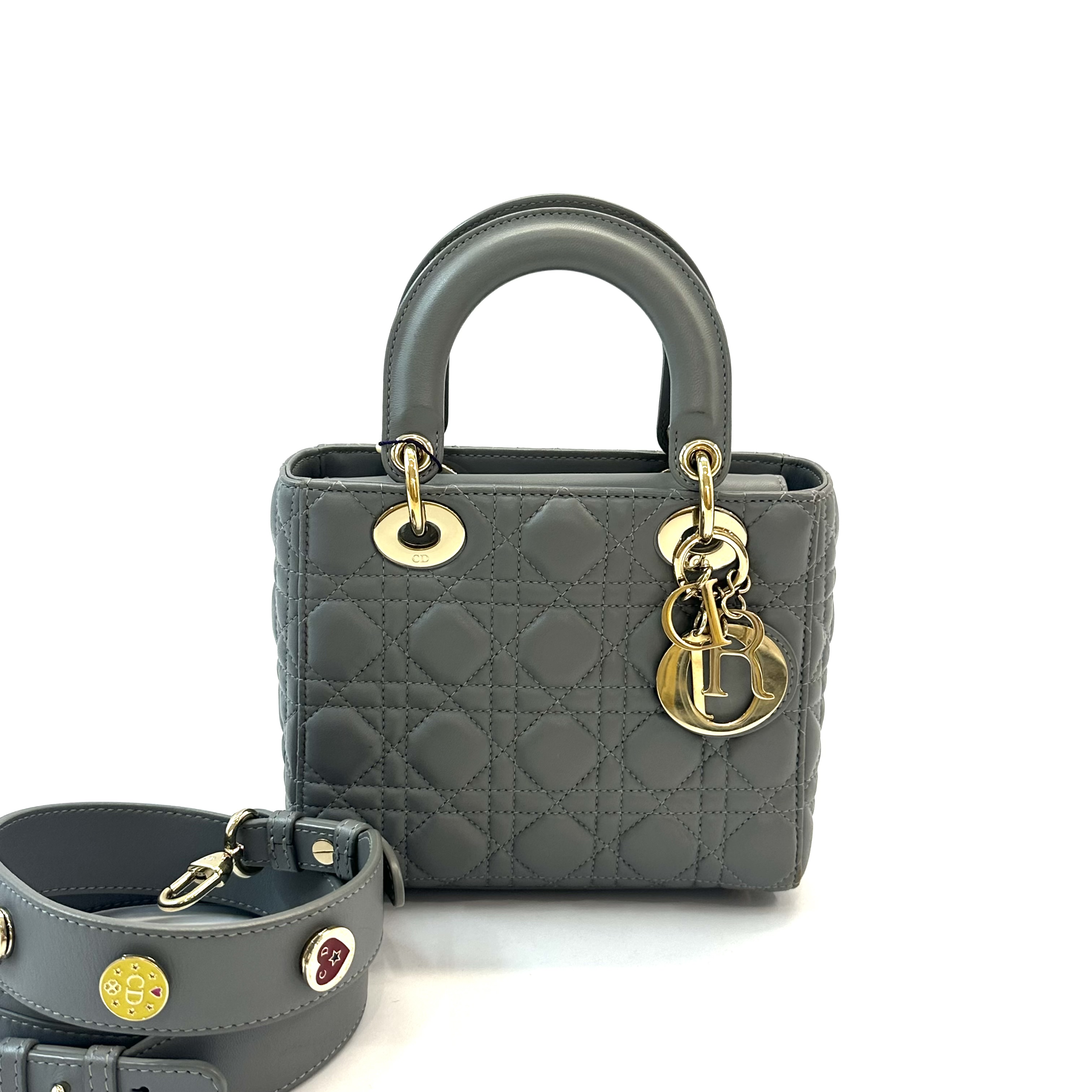 95新 DIOR/迪奥 98新 Lady Dior 四格戴妃 灰色羊皮金扣单肩包