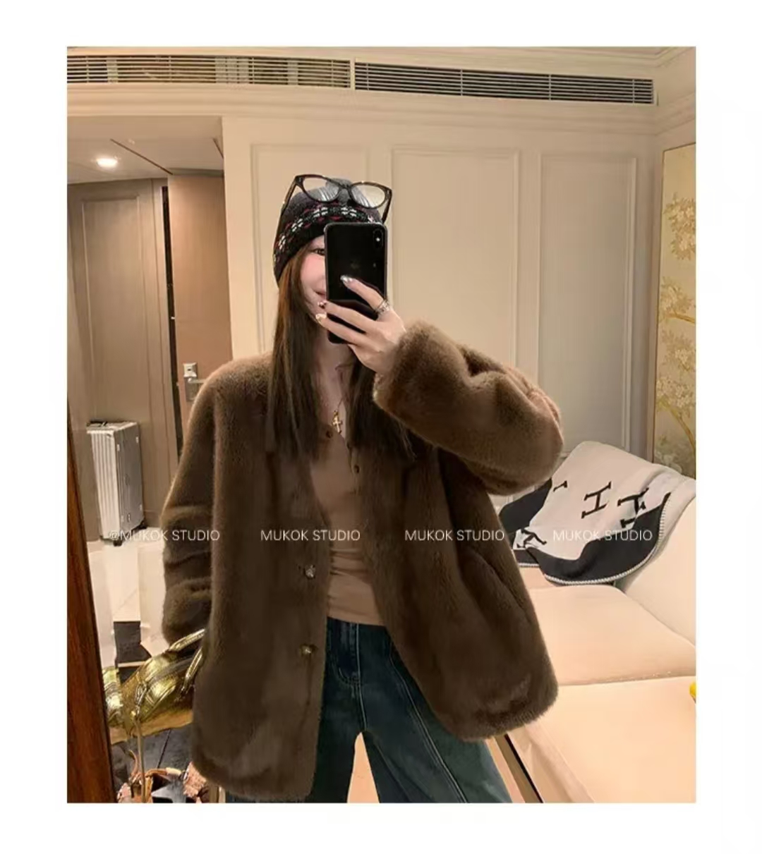 人造皮草 布朗尼~冬季新款时尚V领毛毛外套皮草2652