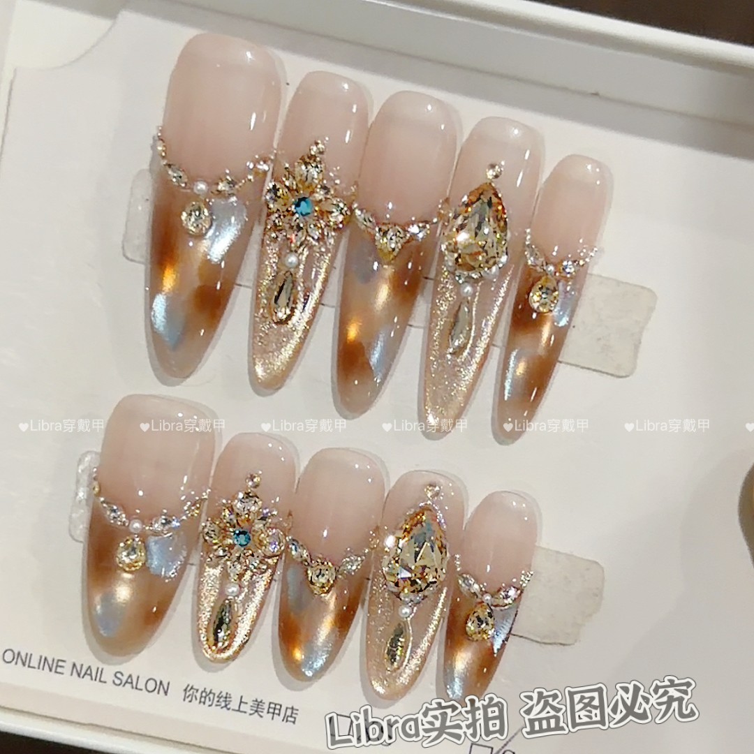 【 海盐琥珀】纯手工穿戴甲猫眼美甲贴片可拆卸指甲贴片10片装