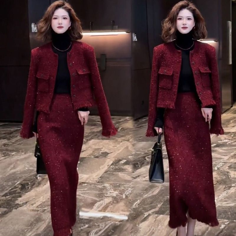 单/套装 秋冬新款酱果红小香风法式万圣节套装显瘦时尚气质两件套