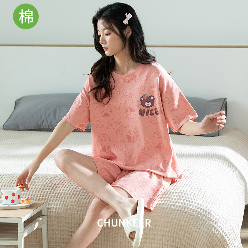 纯棉睡衣女款夏季短袖短裤圆领套头可爱全棉休闲可外穿家居服套装