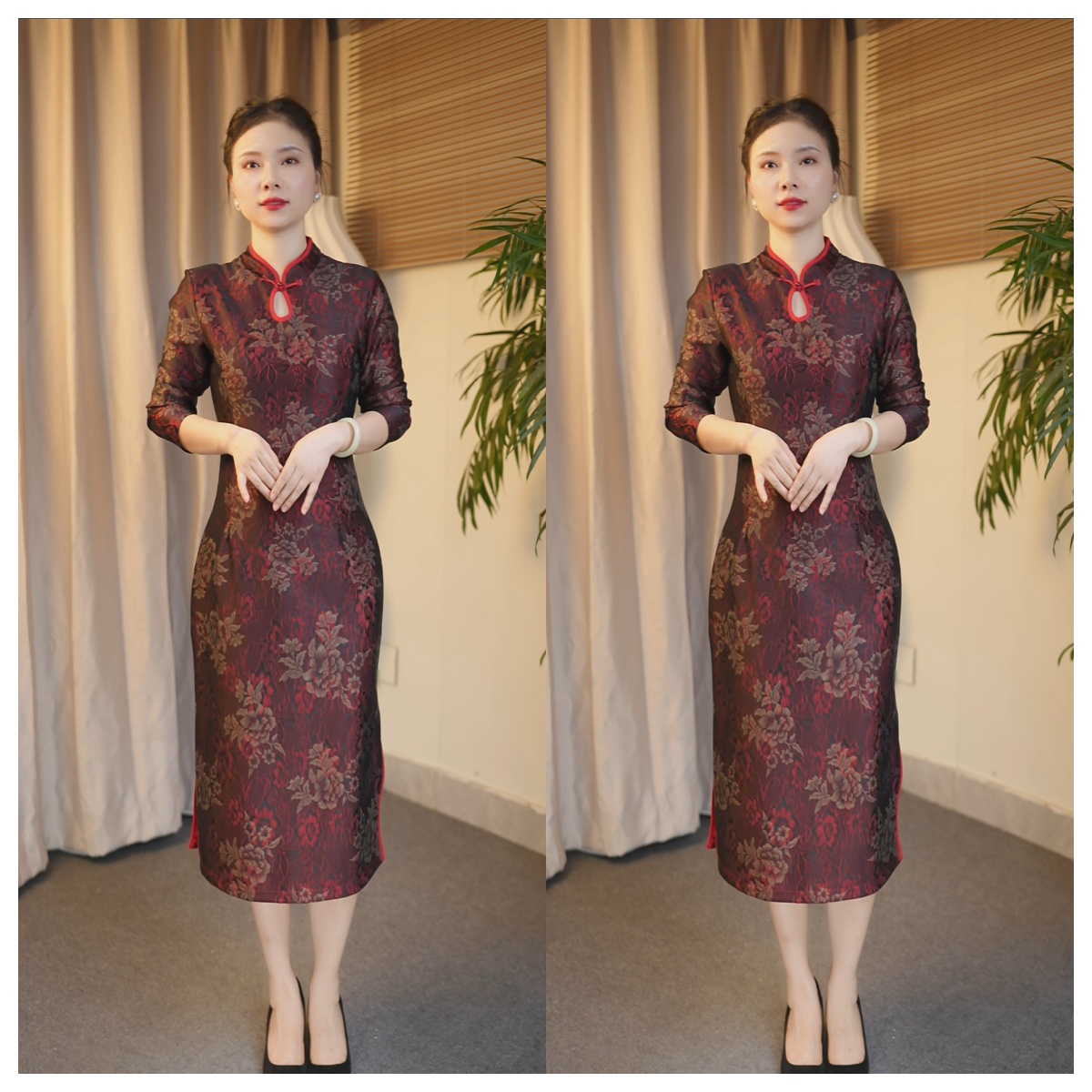 优雅秋季礼服显瘦雷丝缎面提花旗袍裙修身中国风春季