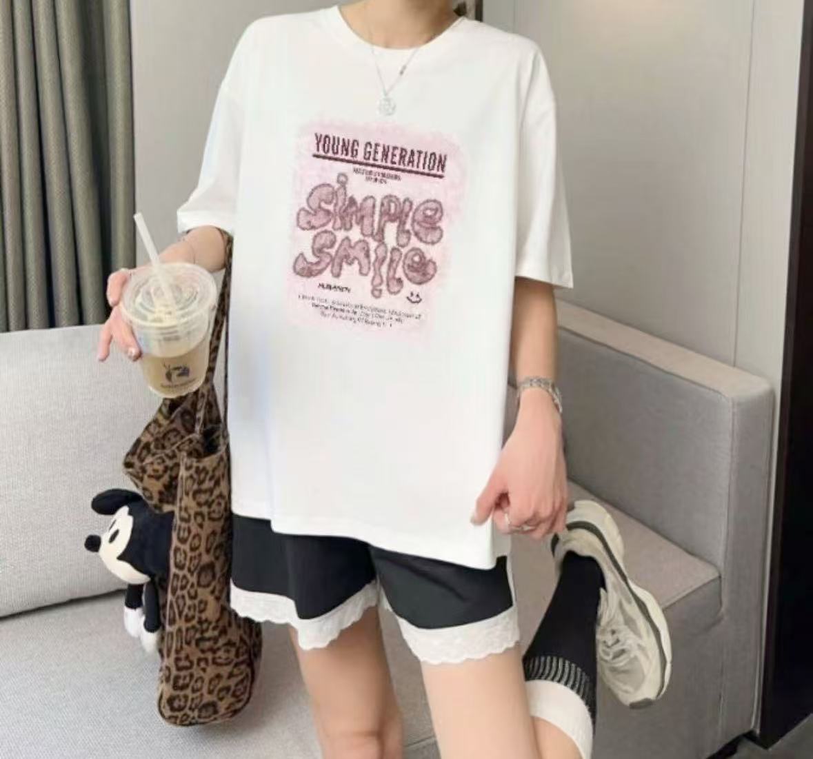 BA家A2876白YO英文印染宽松T恤