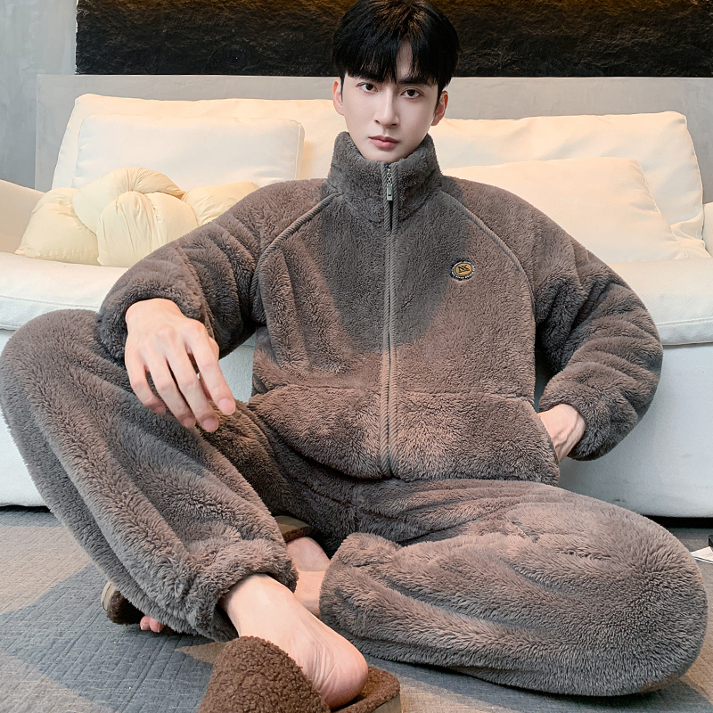 【美拉德棕】秋冬男士可外穿法兰绒睡衣大码宽松雪花绒家居服套装