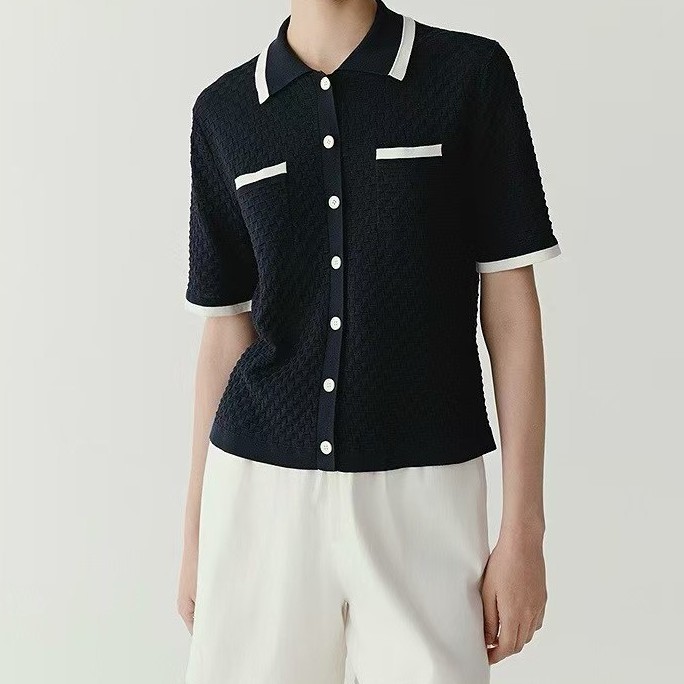 博鸿新款夏季亚麻立体网格廓形翻领上衣女装