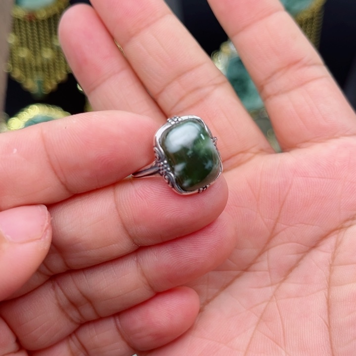透闪石-蛇纹石玉戒指银S925镶嵌