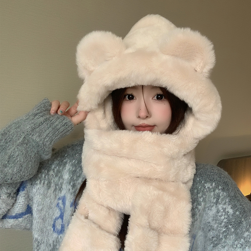 2025新款帽子围巾手套一体女秋冬季骑车保暖冬天可爱小熊三件套