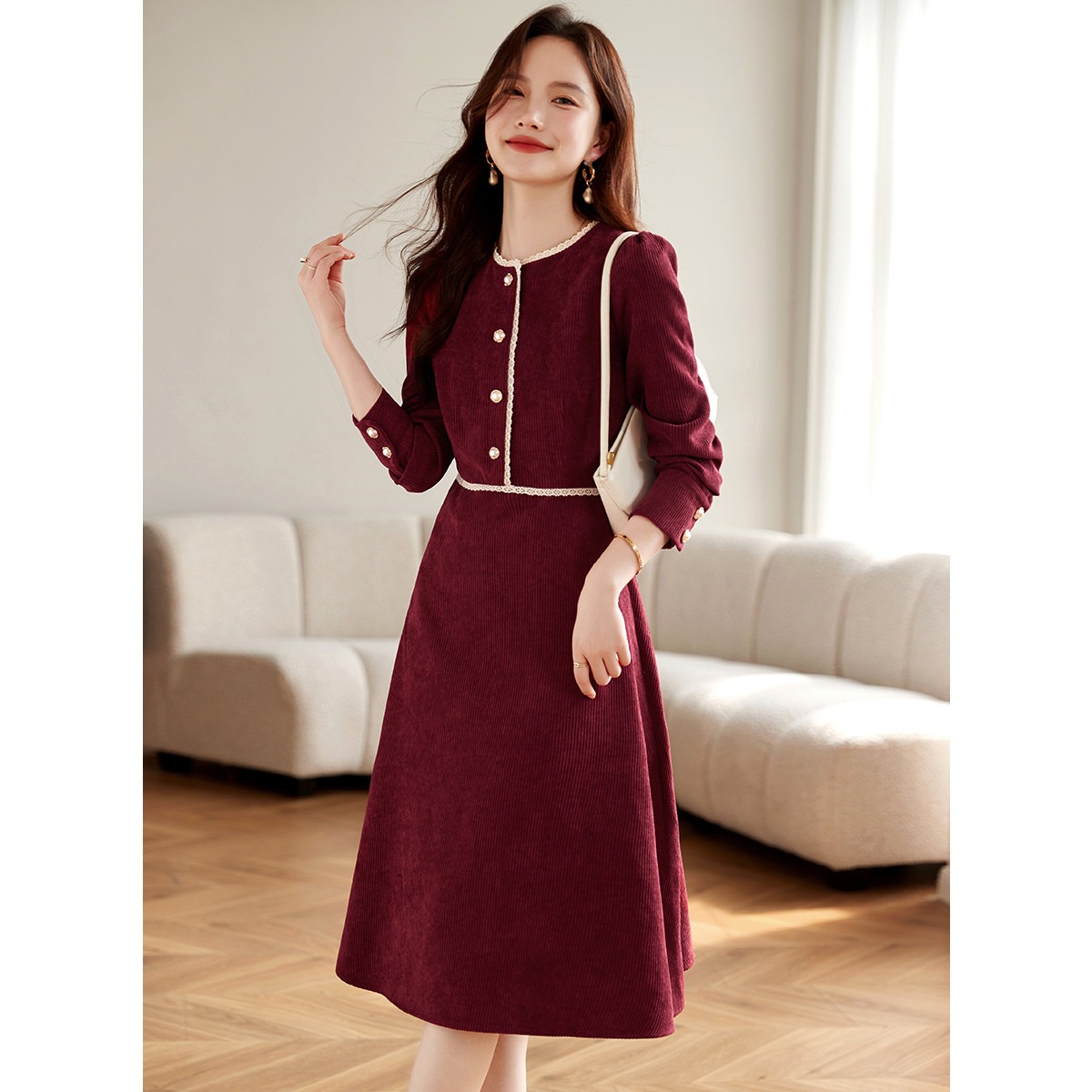 （现货）气质拼接假两件法式连衣裙女新款收腰显瘦灯芯绒裙子1631