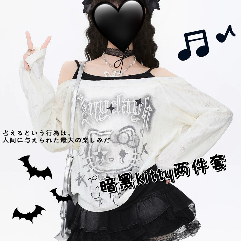 【暗黑kitty两件套】新款简约2025长袖自然甜美少女kitty猫图案套装