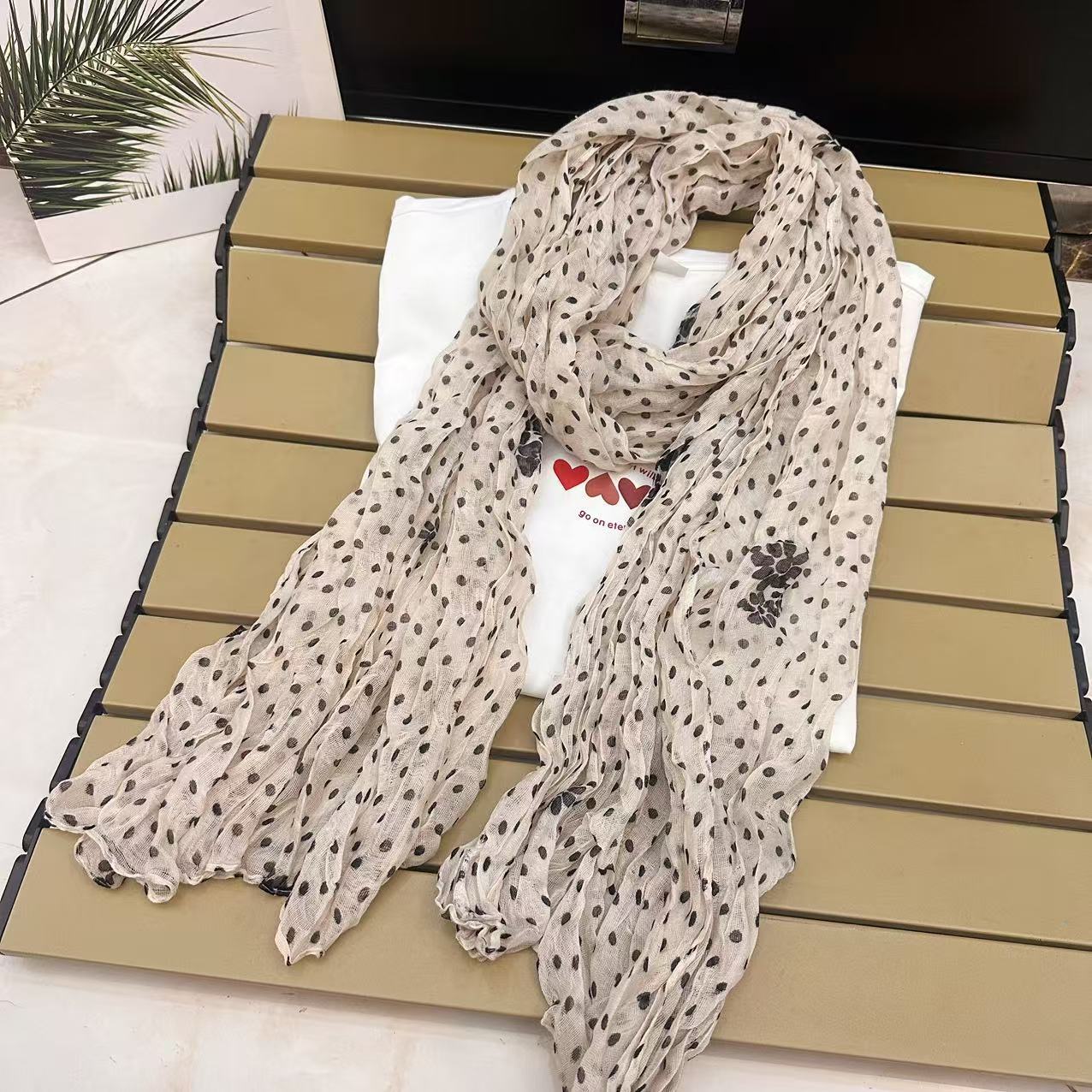 新款波点长条高级丝巾时尚棉麻纱巾秋冬围巾丝带发带百搭春秋披肩