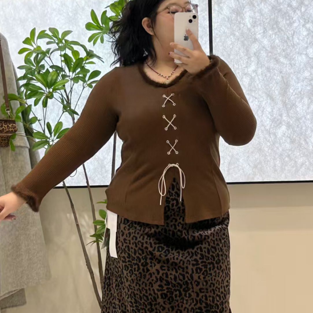 秋冬法式纯欲绑带毛毛澳绒女装针织衫软糯保暖甜酷内搭打底衫553