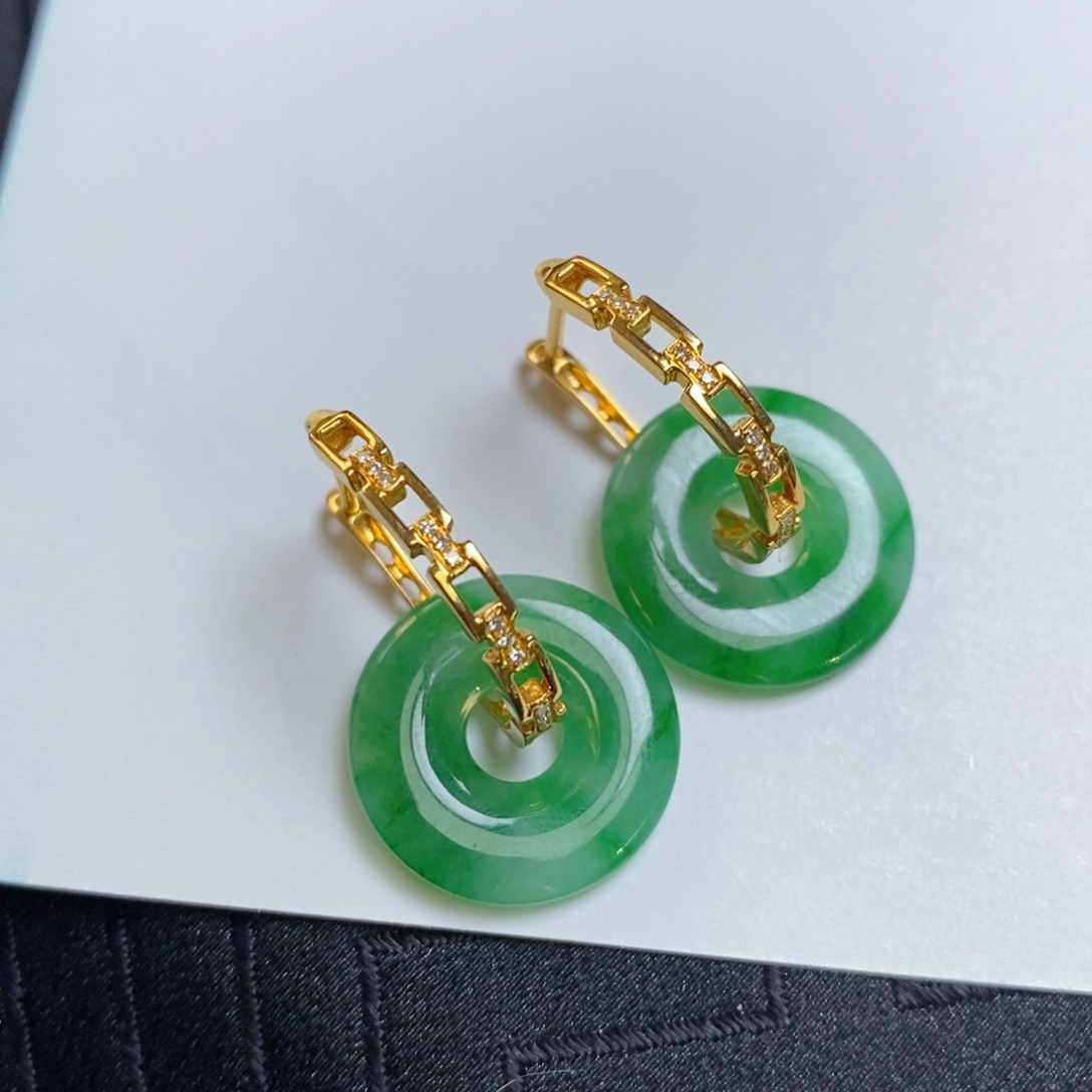 翡翠18K金镶嵌耳饰链条耳包➕甜甜圈