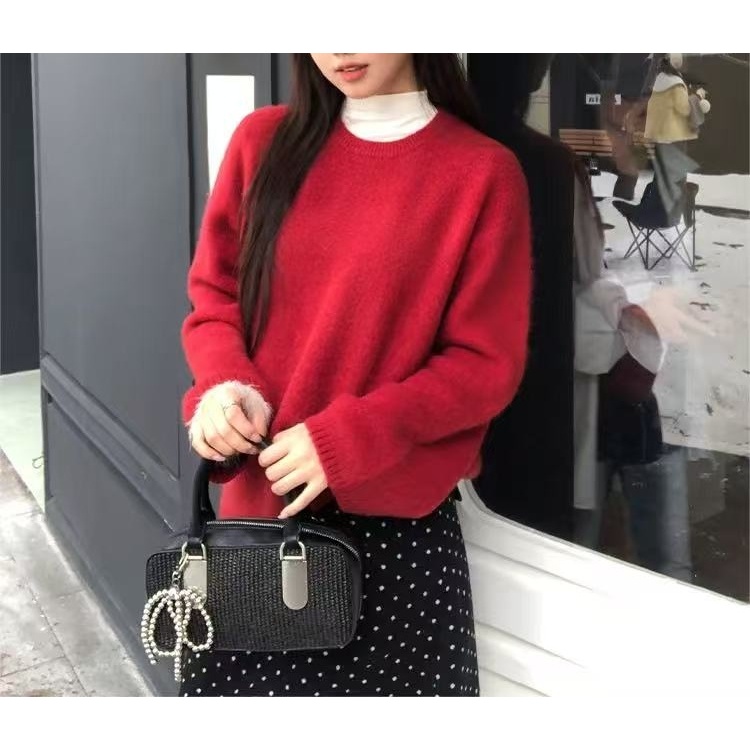 【新年氛围兔毛毛衣】新年氛围感红色百搭圆领兔毛休闲毛衣688