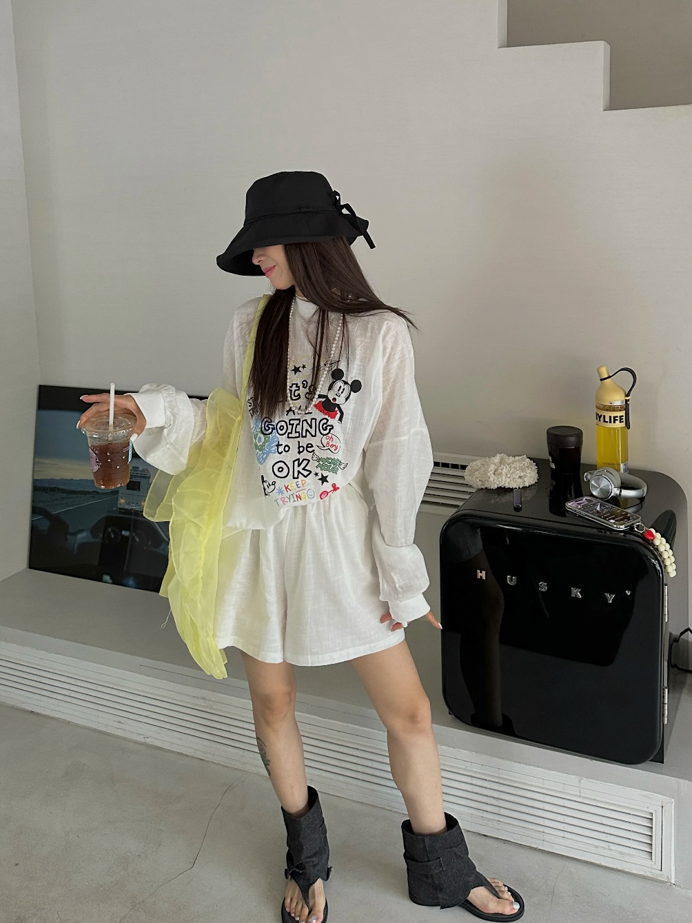 大码定制米奇印花女夏季慵懒风防晒长袖上衣搭配松紧腰短裤套装