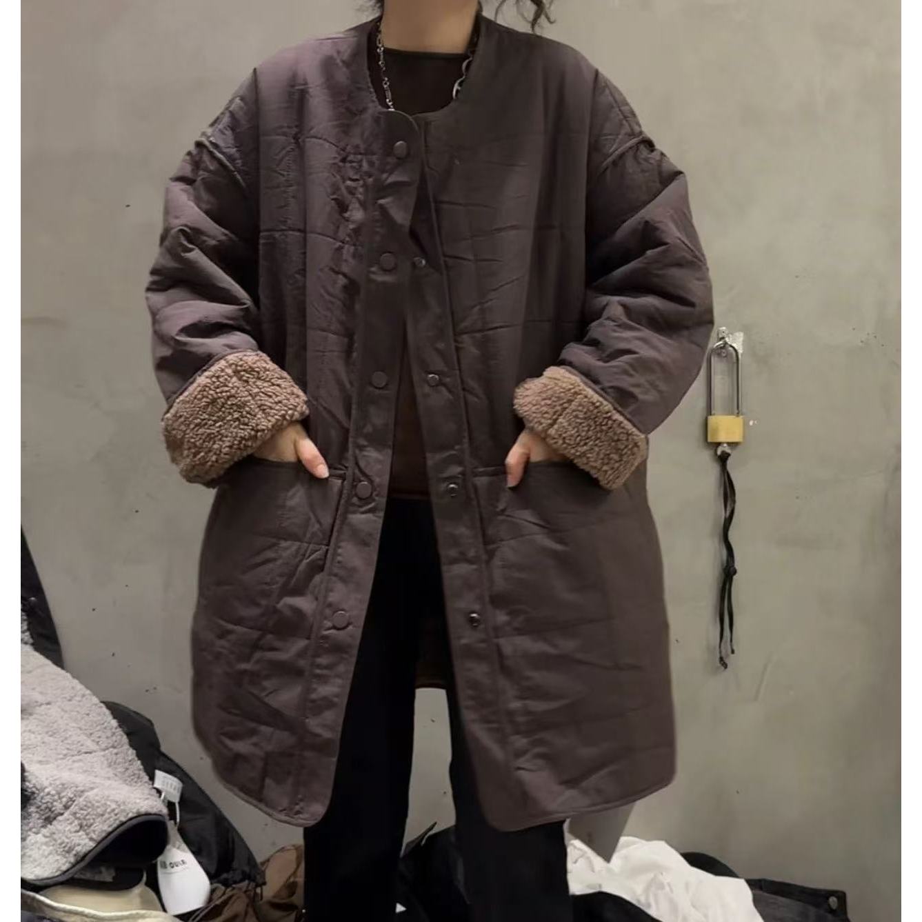 麦霓严选【小格子】设计感拼接内里毛毛风衣面设计风衣外套女8185