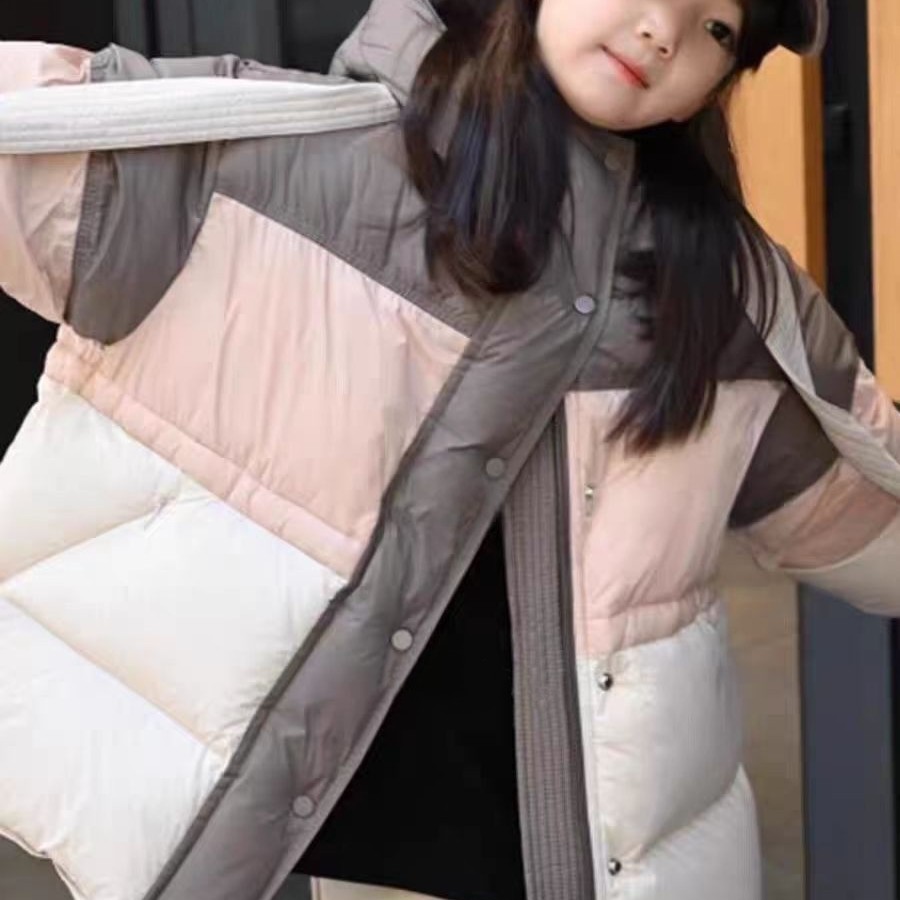 韩现货波拉加厚童装男女童撞色连帽羽绒服冬款儿童拼色短款面包服