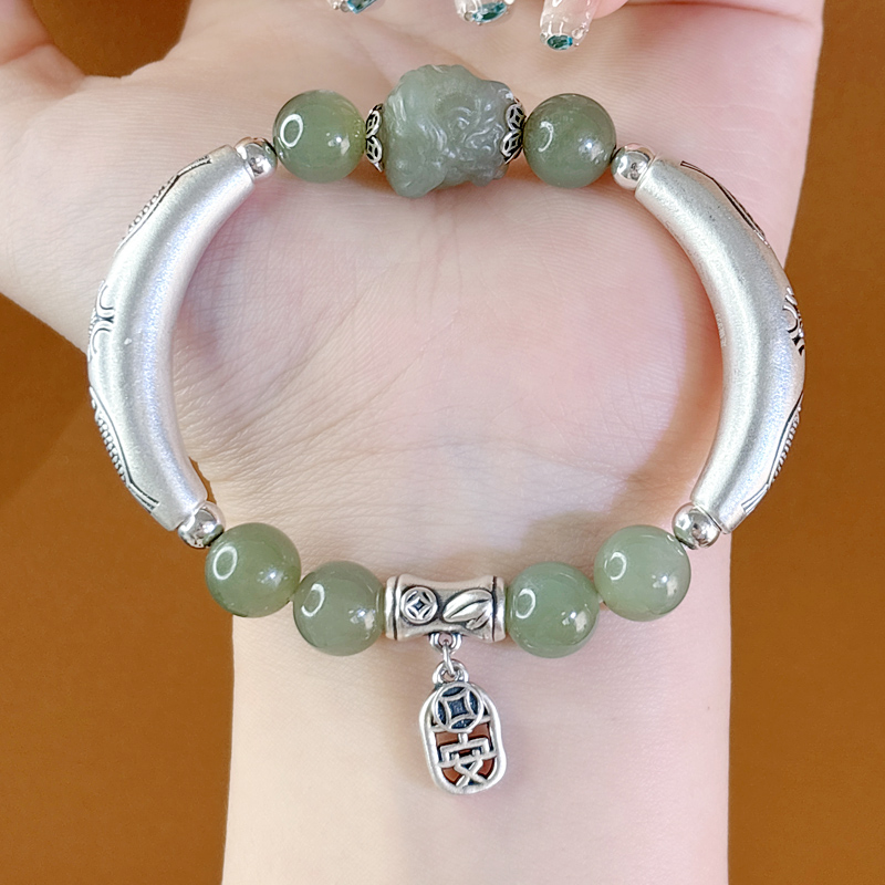 纯银醒狮弯管和田玉手链女百搭配饰品