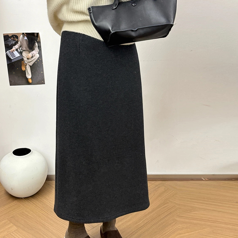 福利衣语慧2505毛呢半身裙冬装长款松紧高腰加绒加厚直筒a字裙子