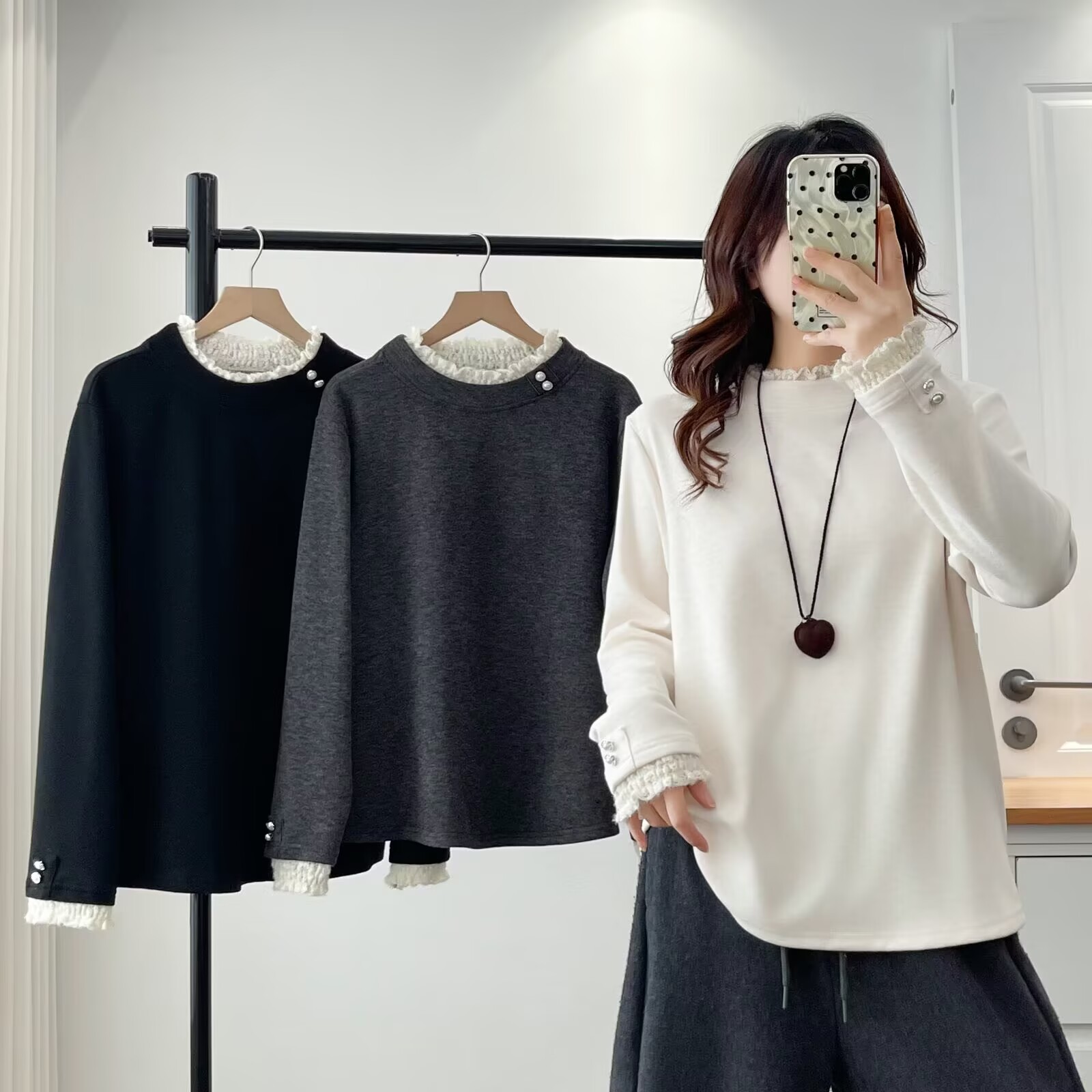 大码秋冬常规款宽松型小香风半高领秋冬常规拼接T恤纯色时尚2522