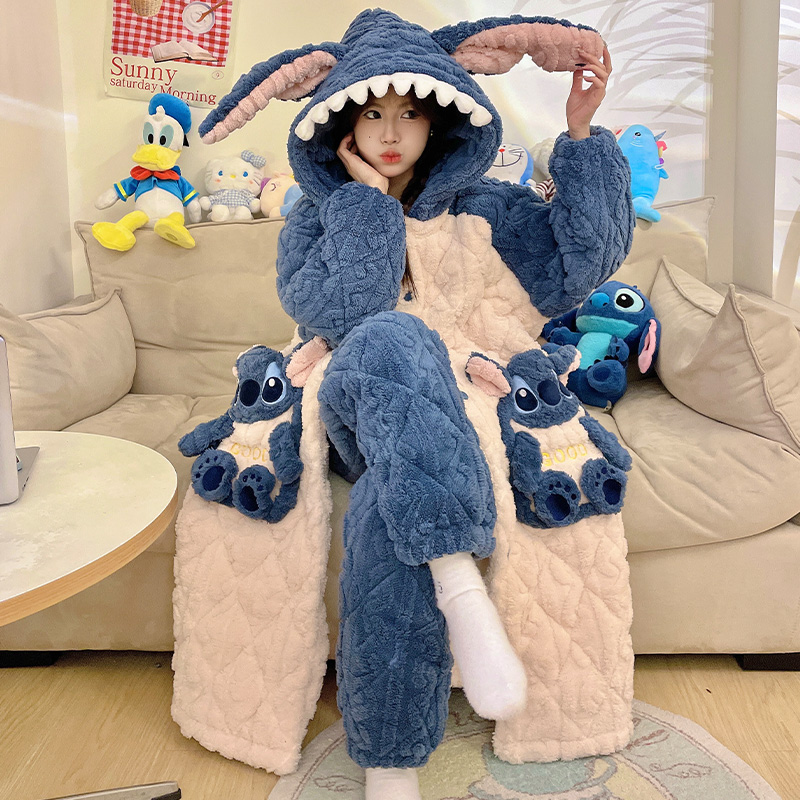 三层夹棉加厚睡袍冬季珊瑚绒睡衣女士卡通秋冬可外穿家居服 8985