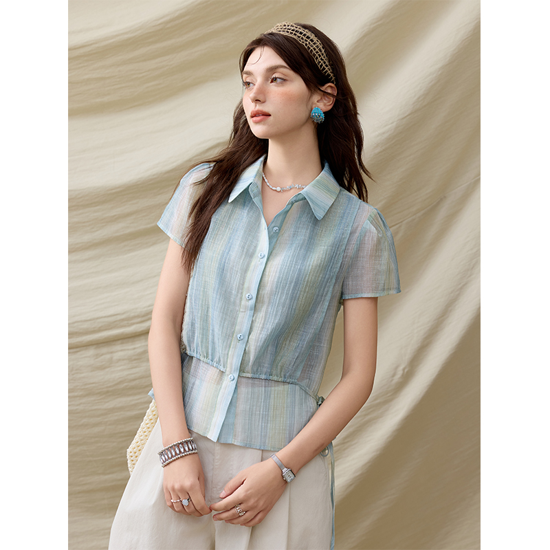 【小铃铛专属】谜秀渐变绿衬衫风琴片双层设计绑带上衣MXE32C0786