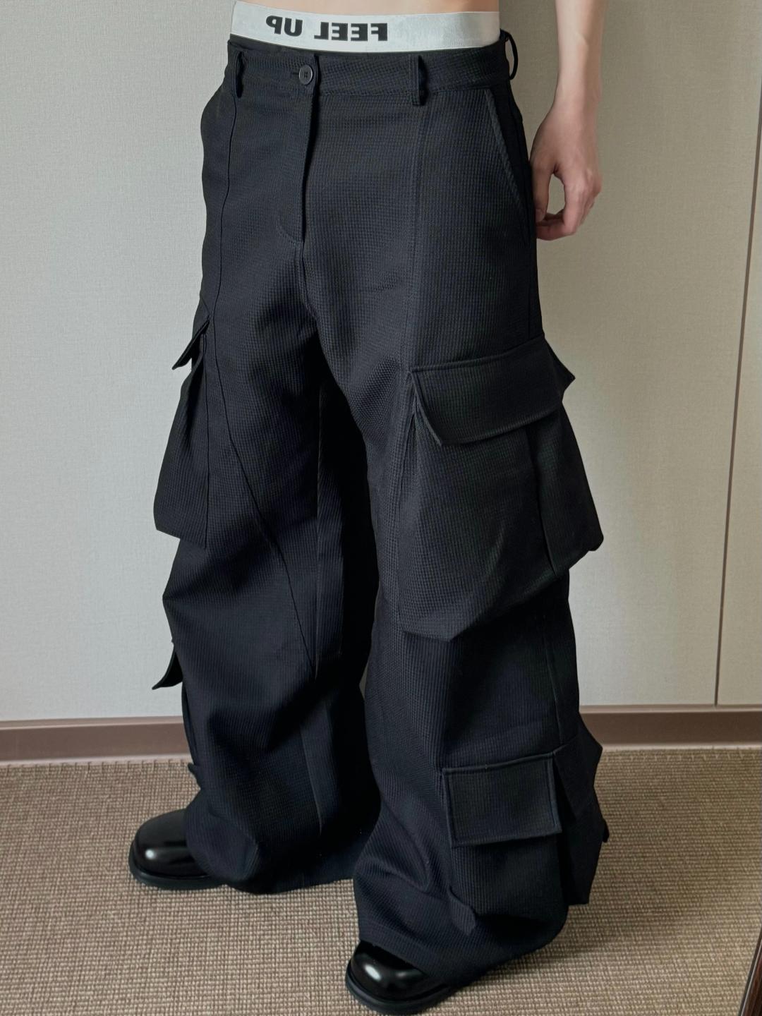KidThe1One黑色多口袋弯刀结构廓形工装裤男款宽松阔腿裤裤子秋冬
