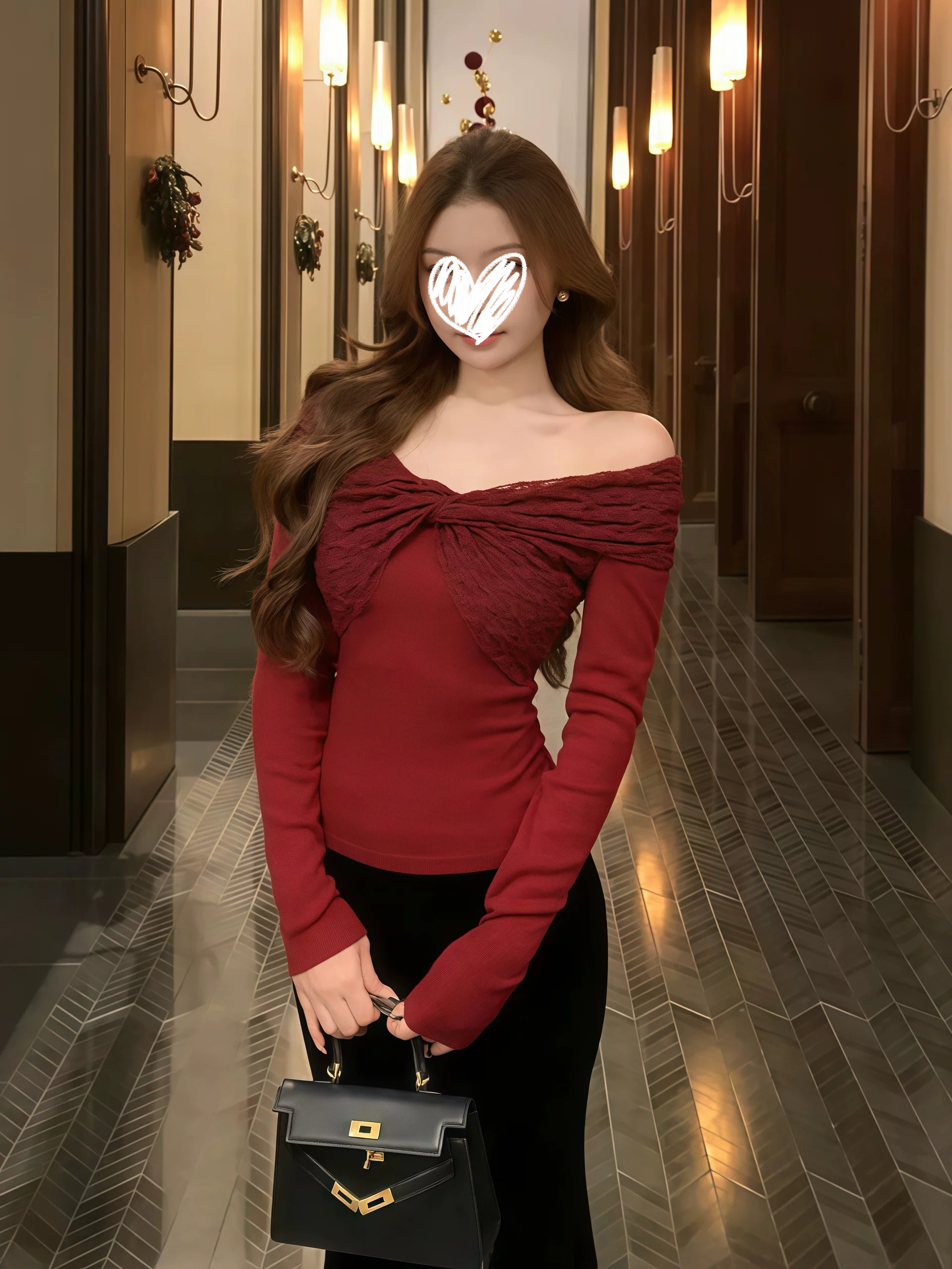 性感一字肩扭结针织衫女红色长袖辣妹风修身显瘦气质上衣