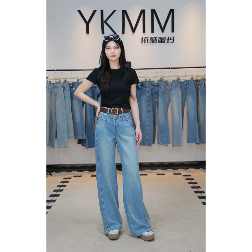 YKMM遮肉收腿无弹直筒女装牛仔裤春季高腰显瘦长裤子