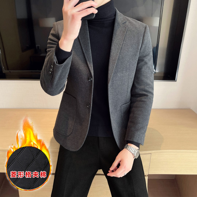 秋冬加厚韩版男士加棉毛呢款修身外套男两粒扣西装潮流休闲西服男