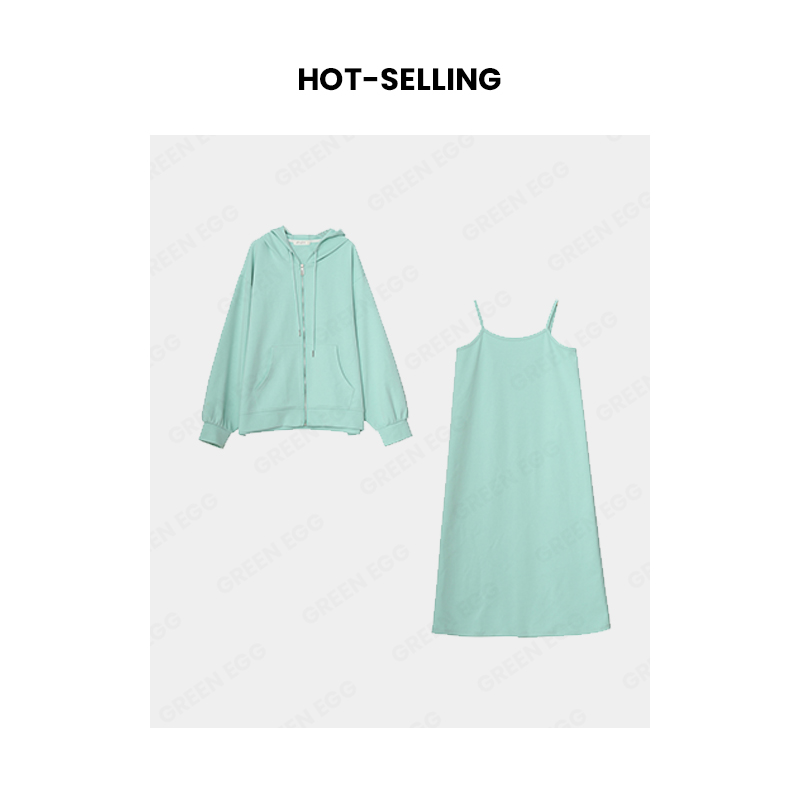 【春装必入薄荷套装】W1148微胖女休闲薄荷曼波卫衣吊带连衣裙套装