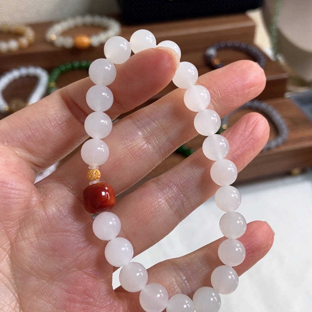 和田玉手链18K金镶嵌8mm白玉精品