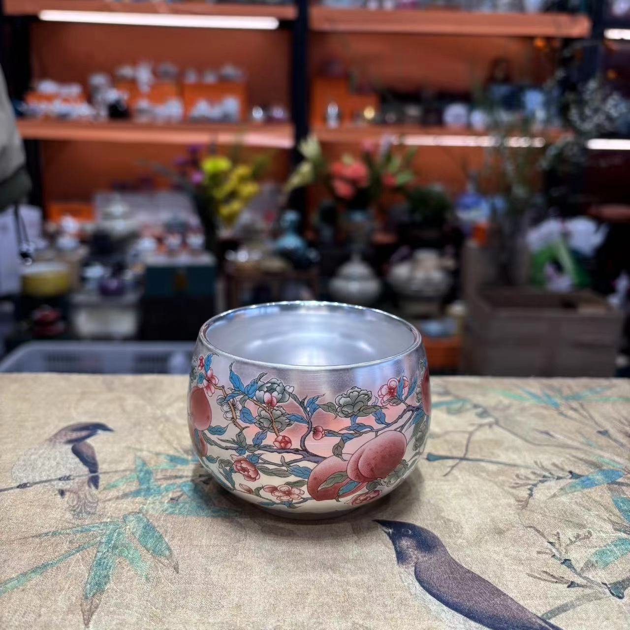 九桃五福主人杯大师手工高档茶器瓷胎包银鎏银礼盒-2566