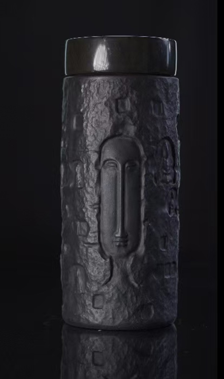 【龙门石窟 玉石盖】 双层石黄浮雕宜兴紫砂便携直筒随行杯