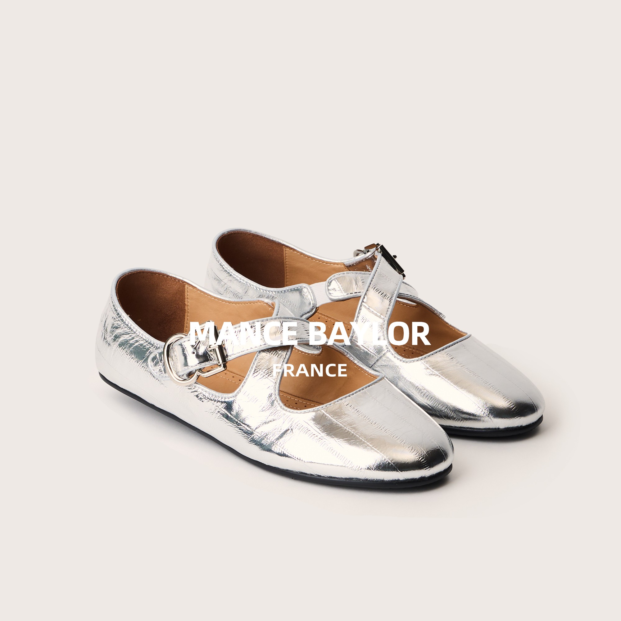 【银色压纹牛皮】银色平底单鞋女一脚蹬软底浅口芭蕾单鞋 