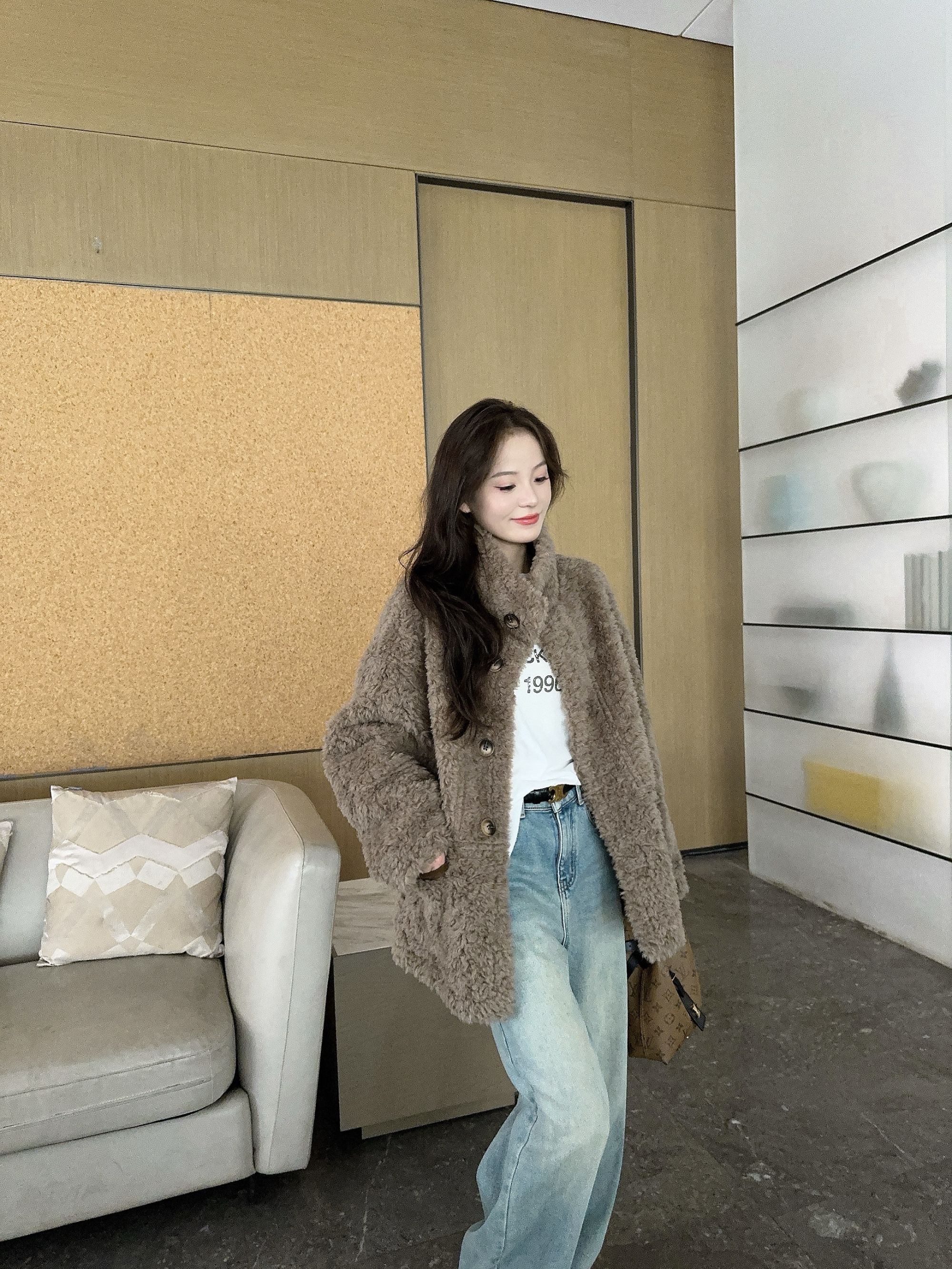 BAIMU/佰牧新款高端休闲羊毛韩式大衣女oversize款外套设计师